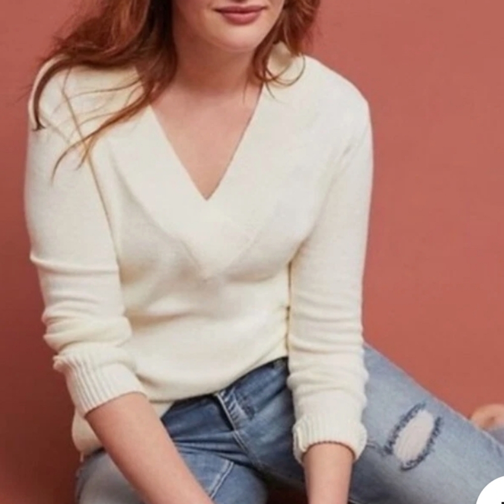 Anthropologie‎ Galizia Style Women Cream Vneck Sweater SzS  Cozy